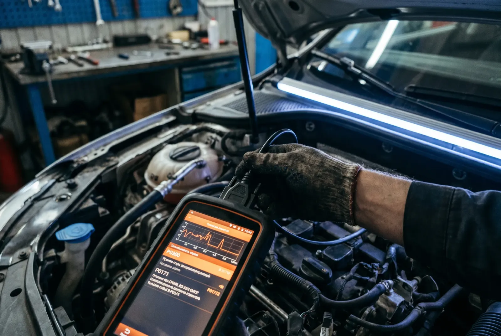 Компьютерная диагностика автомобиля — OBD-сканер в подкапотном пространстве